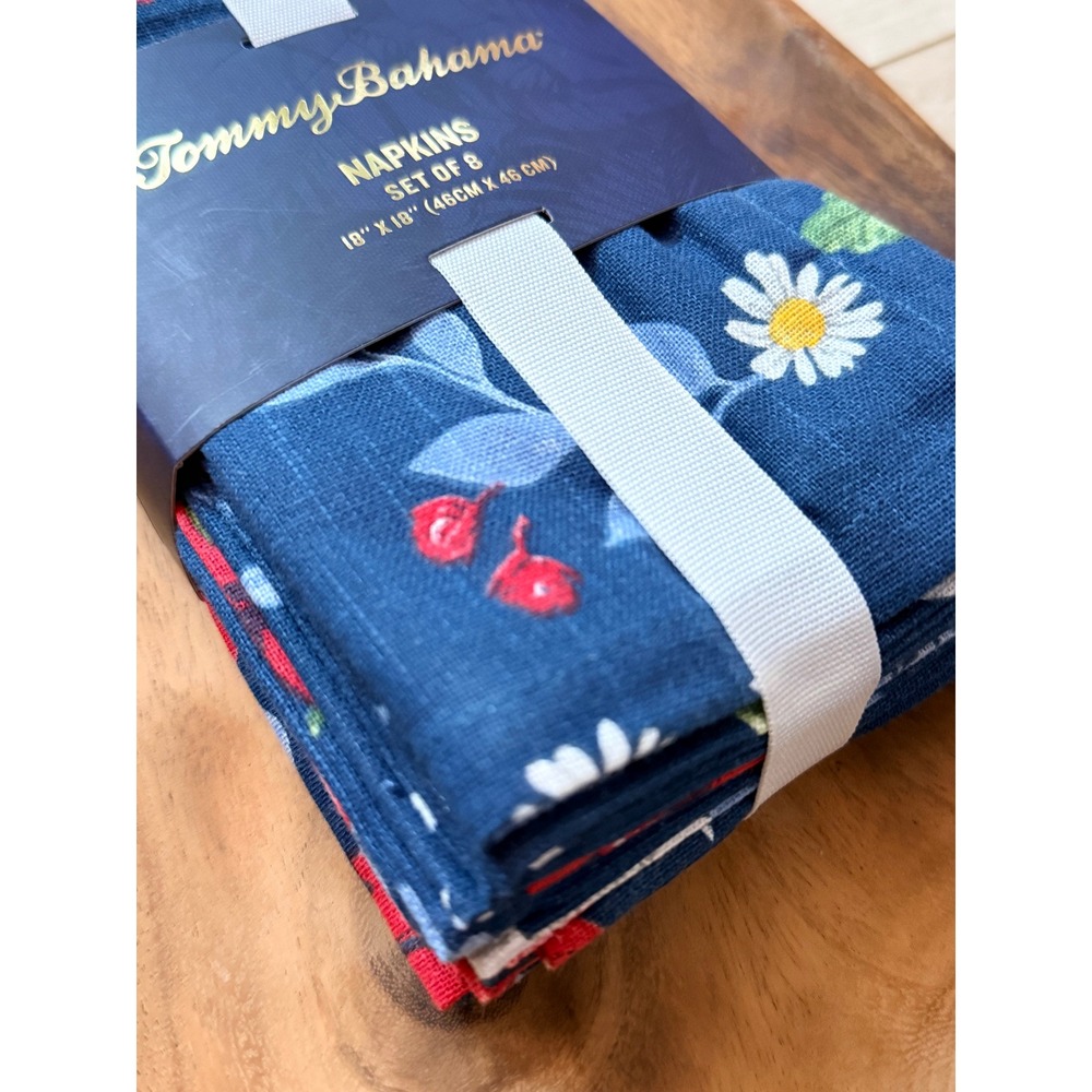 Tommy Bahama Navy Floral Napkins Set of 8 Blue Daisy Berry 18x18 NWT